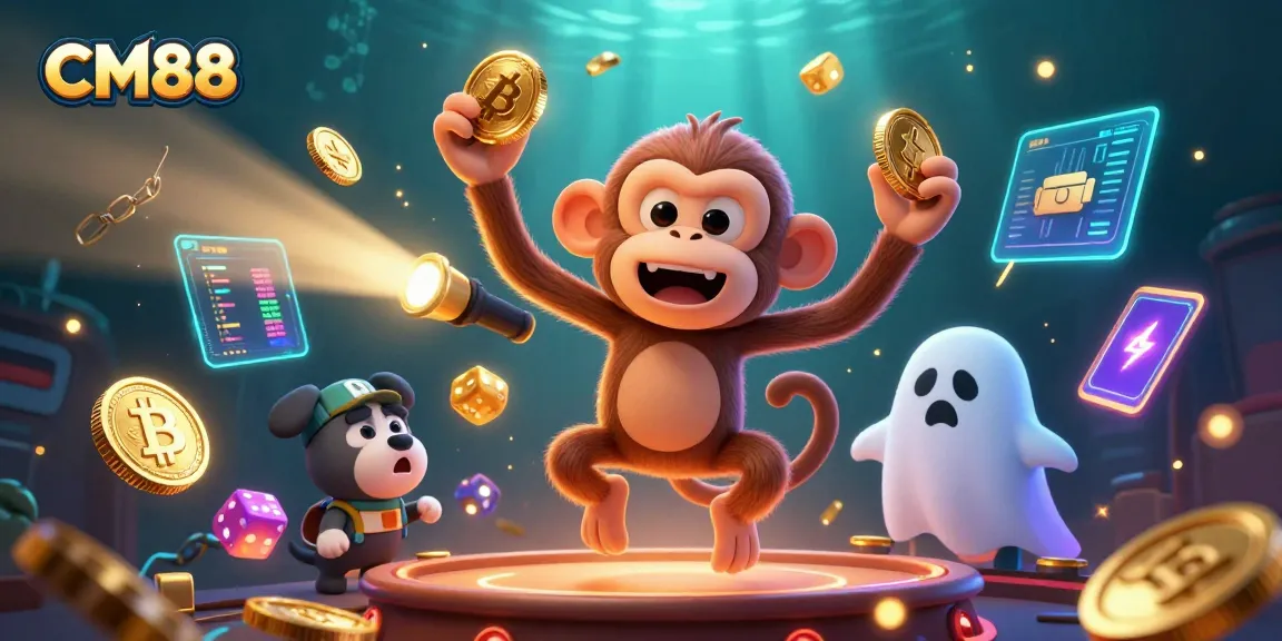 Engaging with CM88 as the playful poltergeist interacts with golden coins in a vibrant haunted casino.