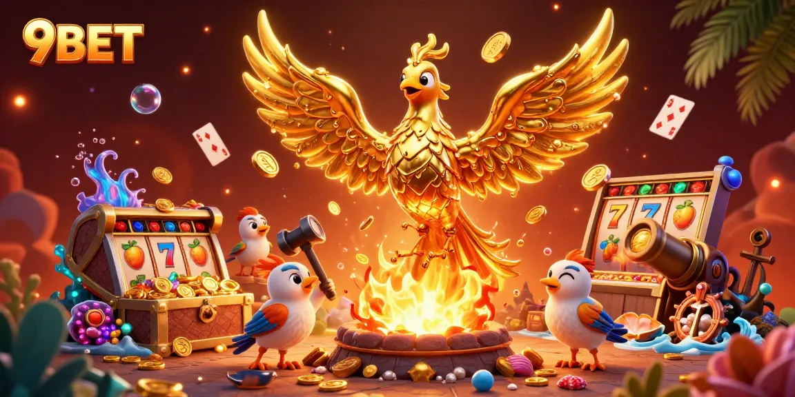 Experience the thrilling world of 9BET with vibrant slot games and rich rewards in this dynamic illustration.
