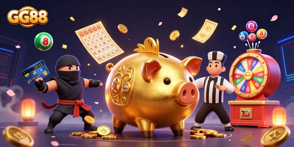 Experience thrilling wins at GG88 with a giant piggy bank sumo wrestler and vibrant lottery elements.
