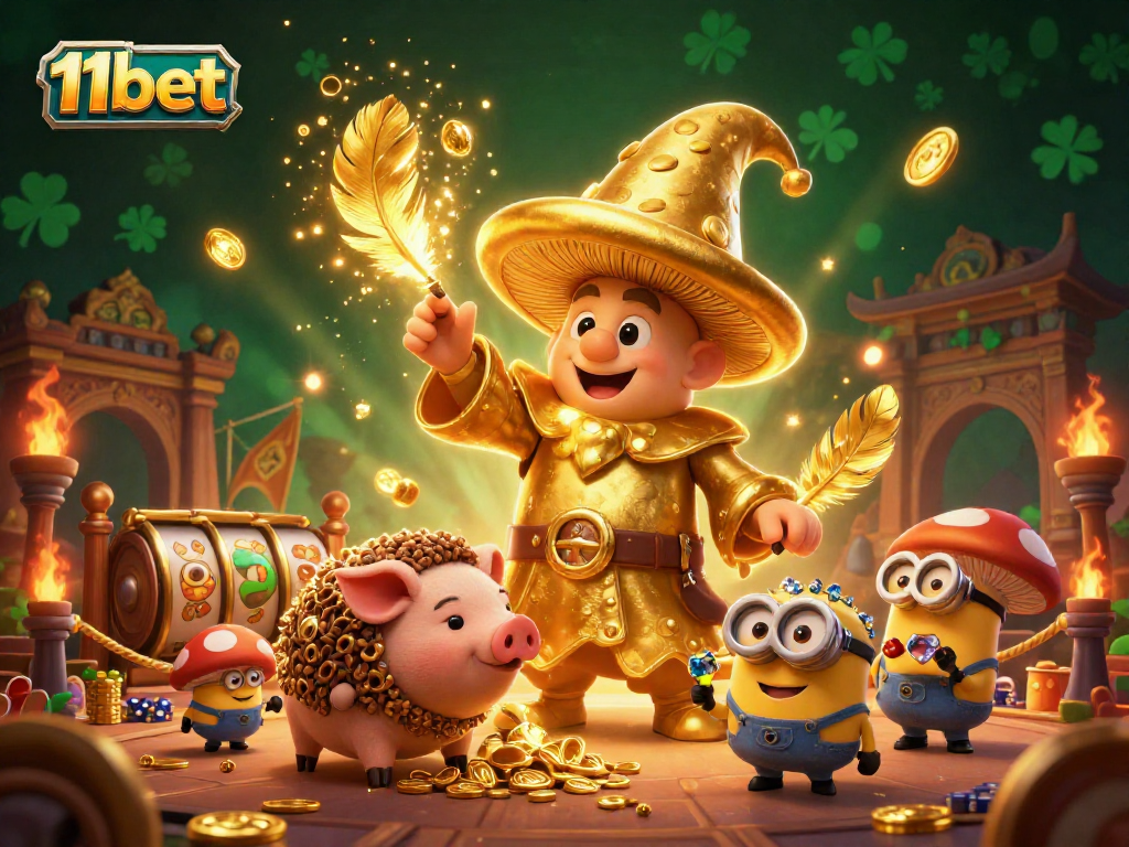 Experience thrilling gameplay at 11bet with golden treasures and magical characters in this vibrant casino scene.