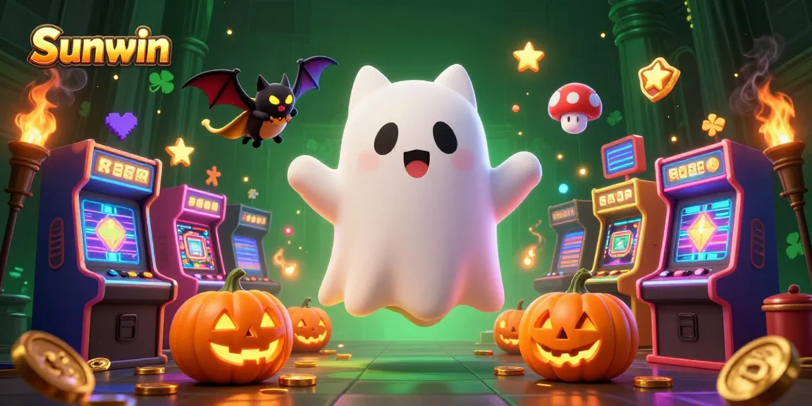 Engage in thrilling gaming at Sunwin with a ghost cat and vampire bat in a haunted casino.