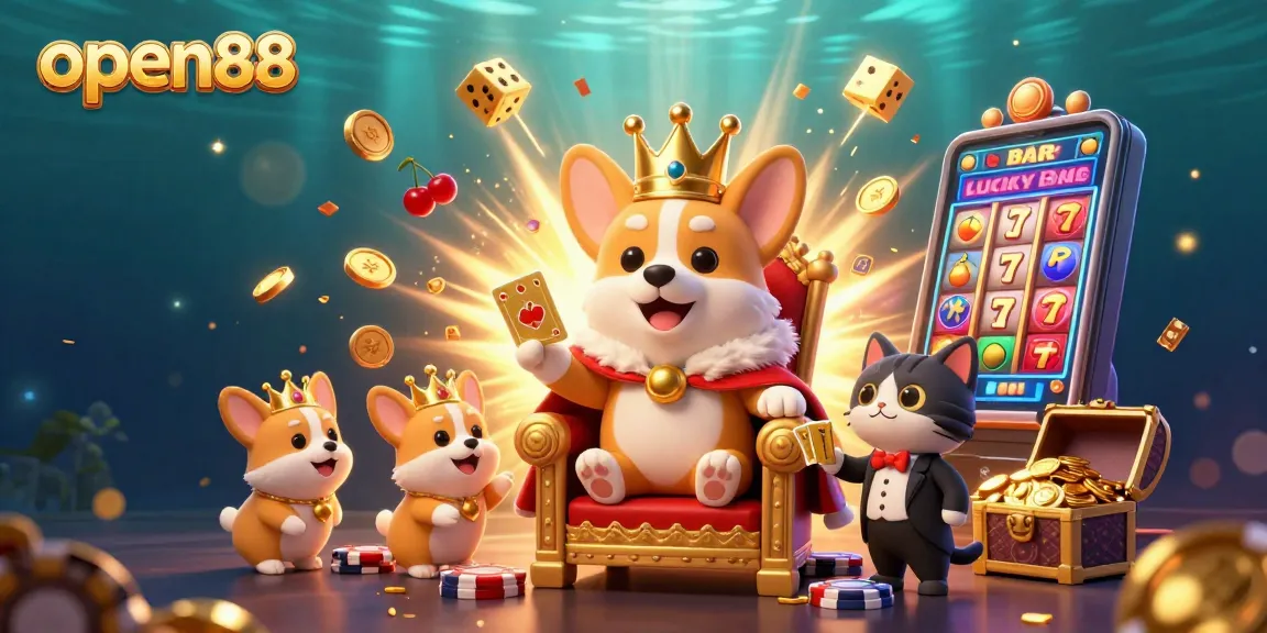 Experience thrilling jackpots at open88 with corgi royalty and dazzling casino visuals in this vibrant illustration.