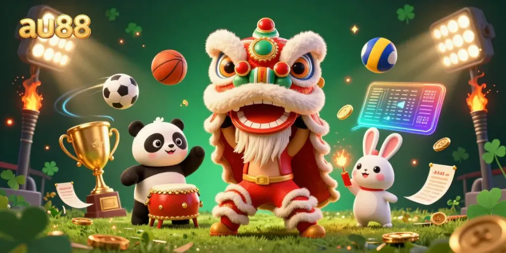 Experience the excitement of au88 with a captivating illustration of a lion dance and sports elements.