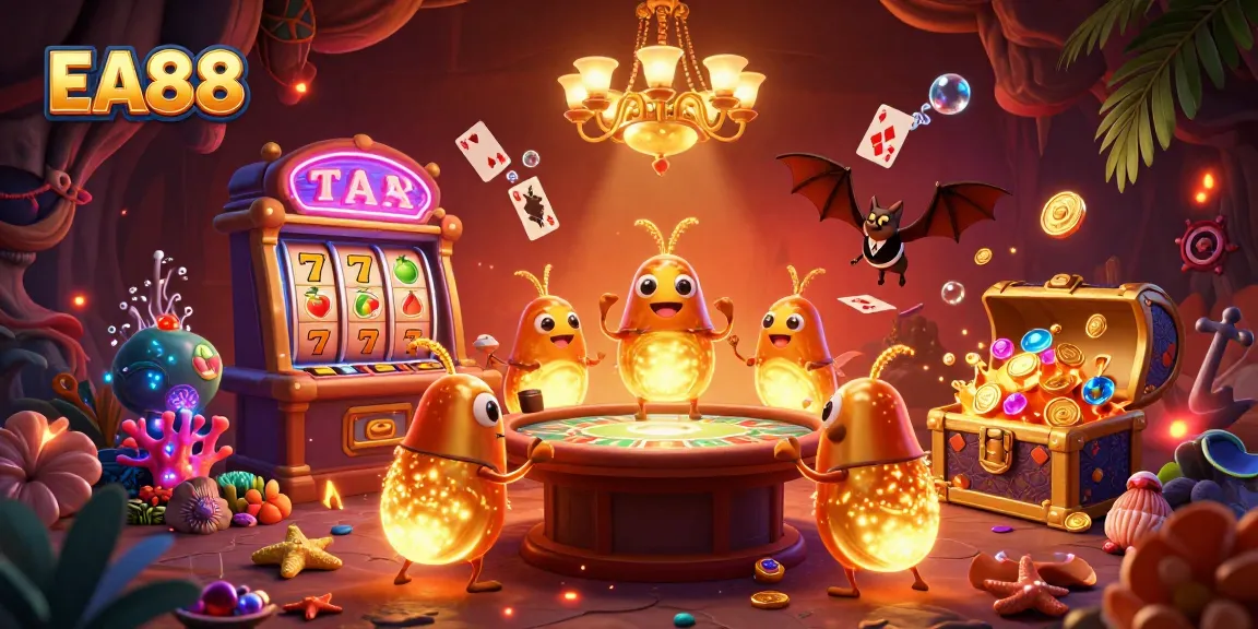 Join the excitement at EA88 casino with glowing glowworms, vibrant slot reels, and fun gaming action!