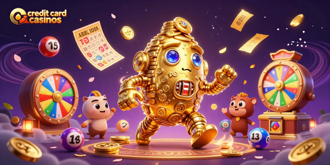 Engage with exciting credit card casinos featuring vibrant slot machine golems and festive lottery elements.