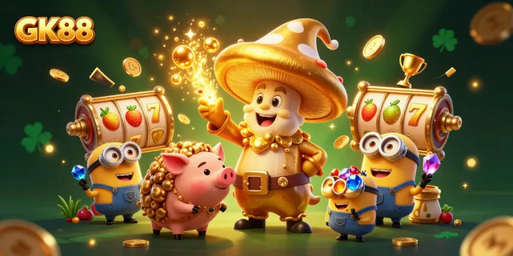Witness GK88's golden charm with a magical mushroom wizard and treasure-filled casino scene.