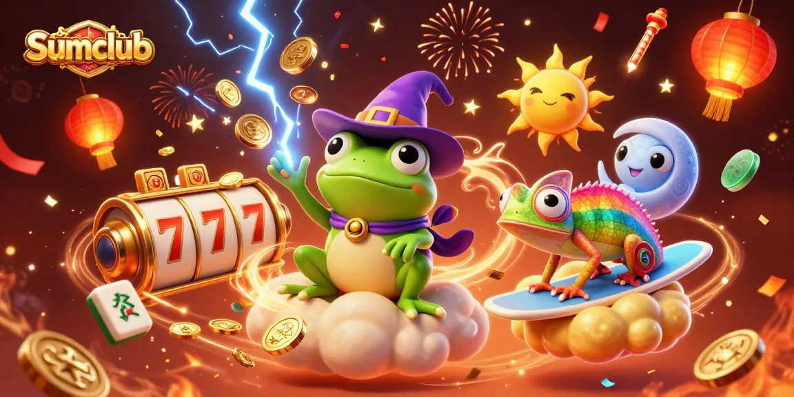 Experience the thrills of Sumclub with 3D characters creating a gold coin storm and casino elements.