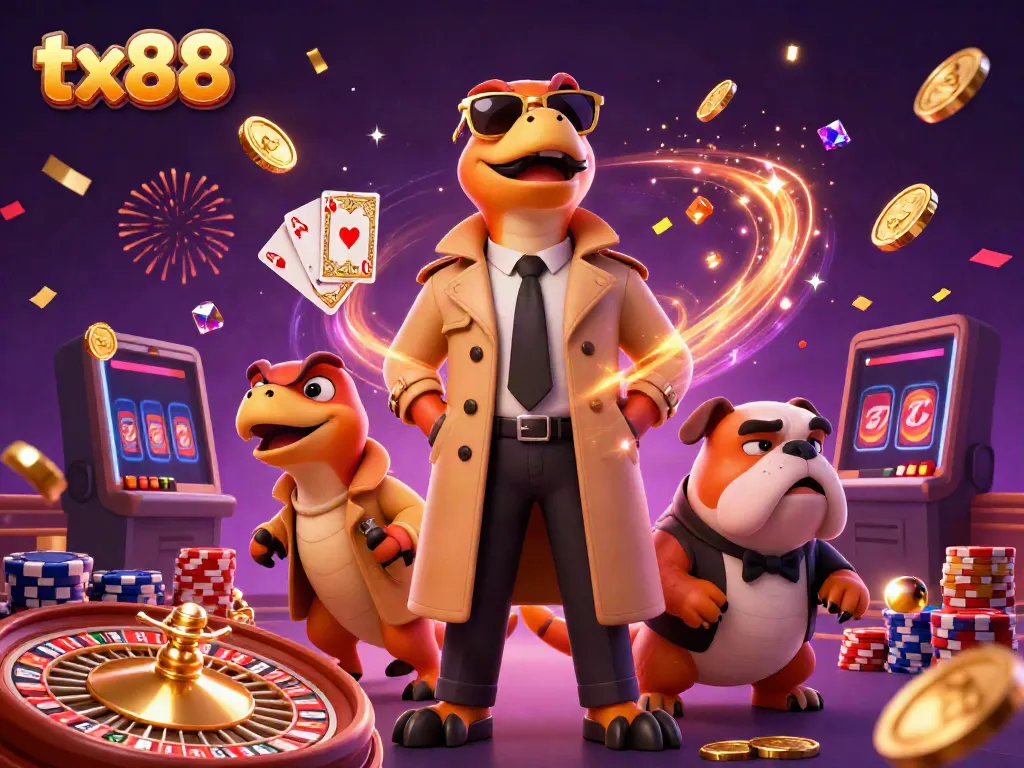 Experience tx88's vibrant VIP casino scene with playful raptors and dynamic game elements.