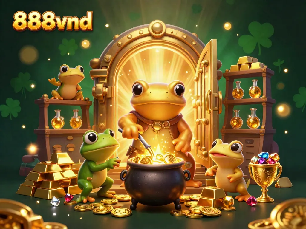 Experience the excitement of 888vnd with a vibrant scene of an alchemist turning metals into gold coins in a lively casino