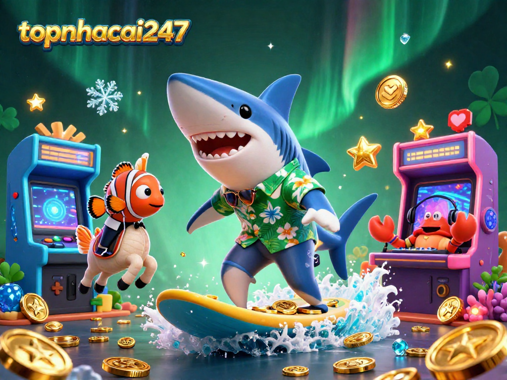 Join the fun with topnhacai247, as a 3D hammer-head shark surfs on gold coins amidst vibrant arcade game elements!