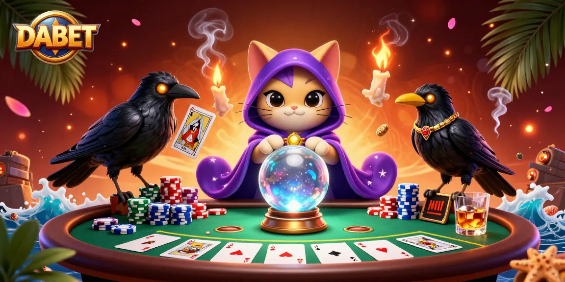 DABET players engage with a vibrant 3D casino scene featuring poker elements, a mystical cat, and a raven dealer.