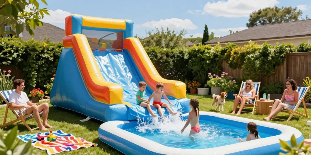 Children playing on a vibrant inflatable water slide, enjoying summer fun in the backyard.