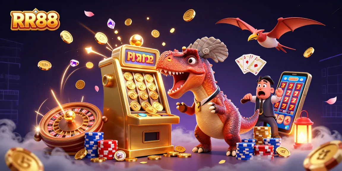 RR88 illustrates a pachycephalosaurus jackpot win, showcasing vibrant casino elements.