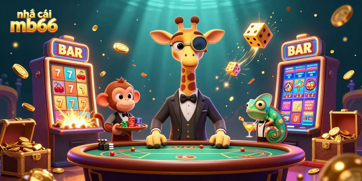 Engage in thrilling gameplay with nhà cái mb66 as a high-roller giraffe plays poker amidst a jackpot explosion.