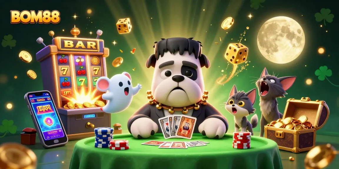 Experience thrilling jackpots at BOM88 with a lively 3D casino illustration featuring vibrant characters and games.