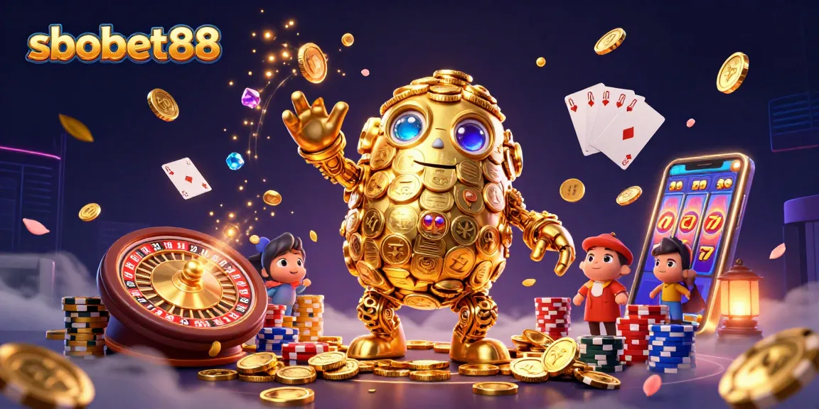 Experience sbobet88 with vibrant casino action featuring a golden golem, playful coins, and spirited gambling elements.