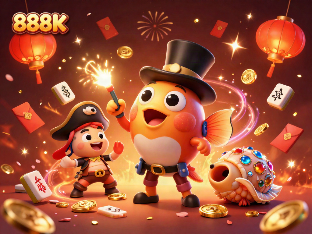 Engage with the thrilling 888K casino adventure, featuring playful characters in a vibrant celebration.