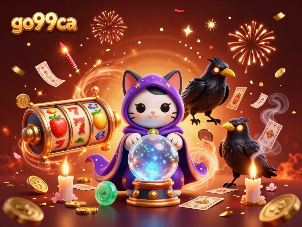 Engage in thrilling gaming at go99ca with vibrant slot reels, mystical characters, and festive celebration.