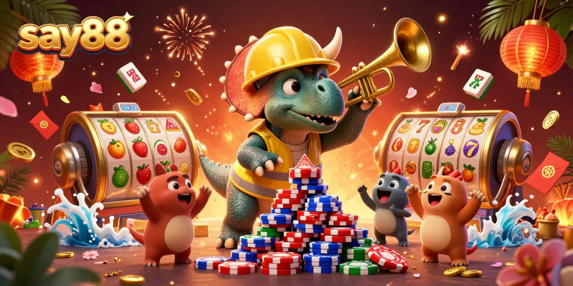 Experience the thrilling world of say88 as a triceratops builds poker chip pyramids amidst a vibrant casino scene.