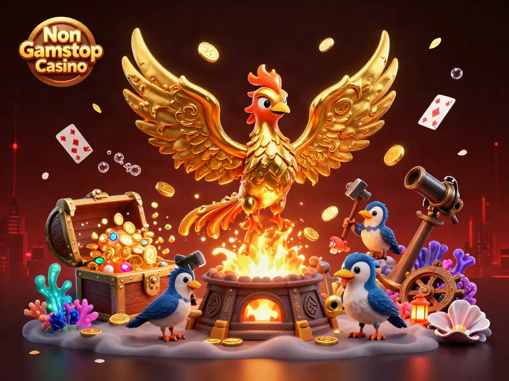 Experience the vibrant energy of a Non Gamstop Casino, showcasing a molten phoenix and treasure elements in a dynamic scene.