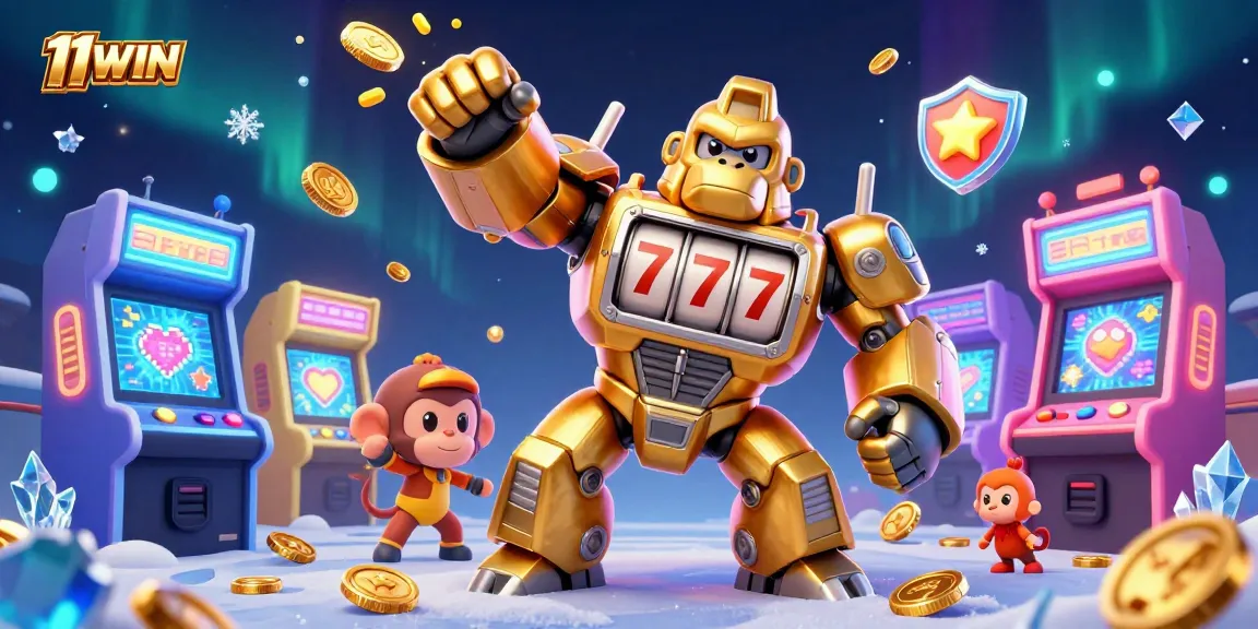 Engage with 11WIN in an immersive 3D casino universe featuring a golden gorilla mech amidst vibrant gaming elements.