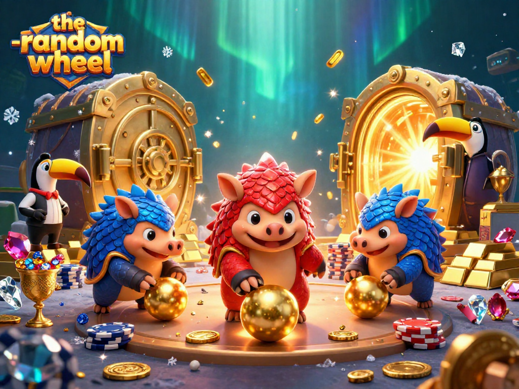 Engage with the-random-wheel in thrilling gameplay as pangolins roll golden balls and win poker chips.