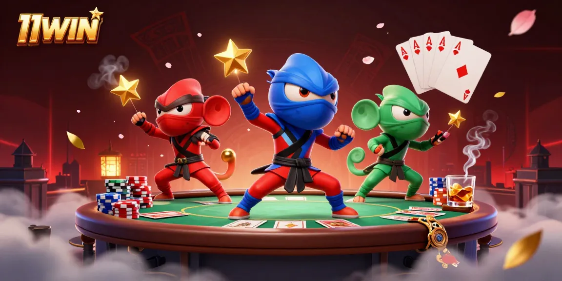 11WIN showcases a colorful 3D chameleon team at a poker table, synchronized in action.