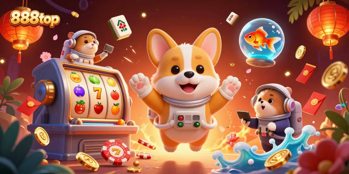 Engage with the vibrant universe of 888top as a cartoon astronaut corgi and friends explore an exciting casino in space.