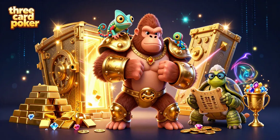 Engage in three card poker action with creative characters in a treasure-filled casino scene.