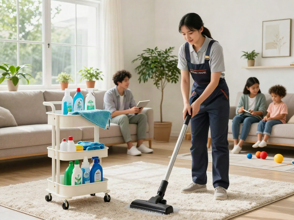 Professional cleaner vacuuming in a bright living room while slot 10k cleaning supplies are neatly organized nearby.