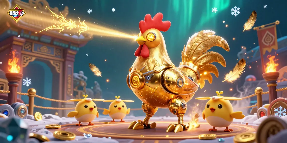 A dynamic casino scene featuring the golden rooster robot and baby chick drones, showcasing the 868vip brand.