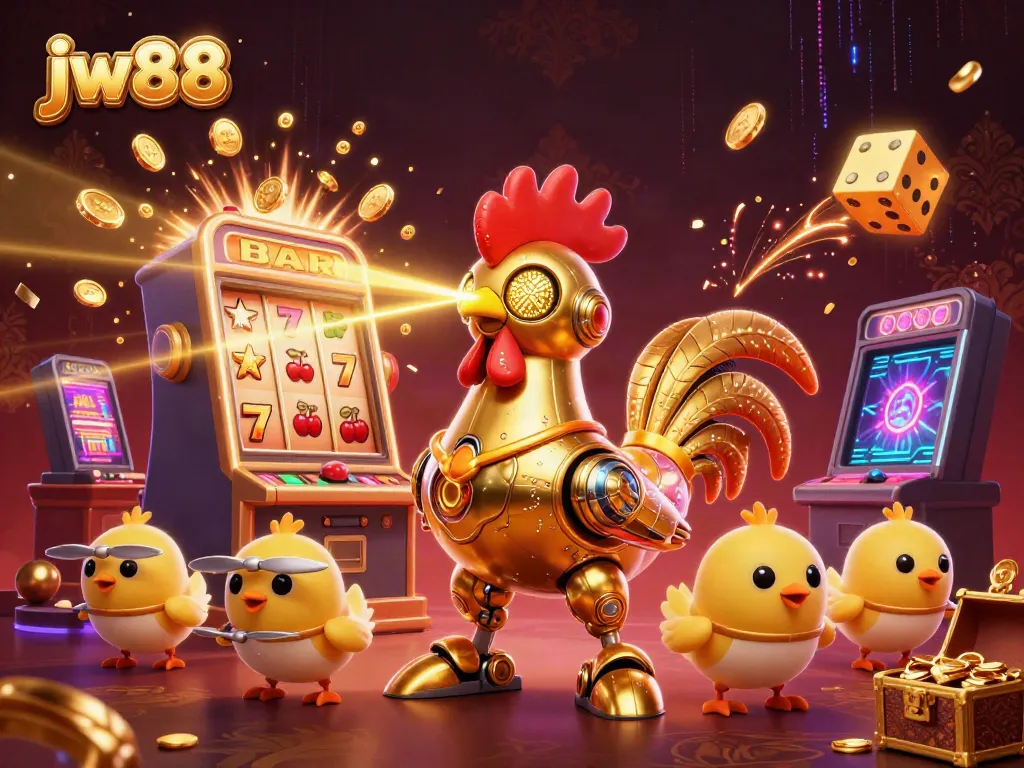 Engage with exciting casino gaming at jw88 featuring thrilling golden rooster robot and baby chick drones.