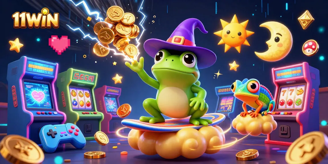11WIN showcases vibrant cartoon characters in a dynamic casino scene filled with golden coins and gaming elements.