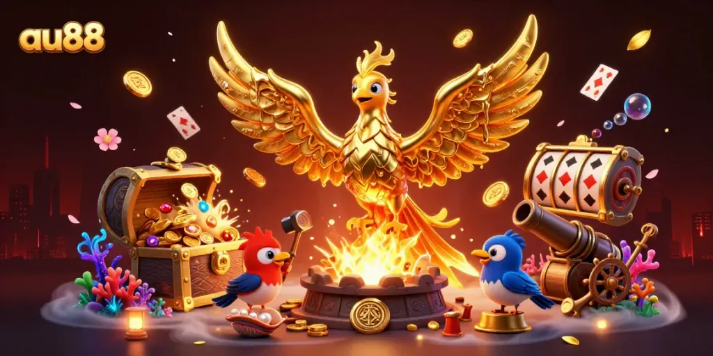 Experience the thrill of au88 with a golden phoenix amidst dynamic casino elements.