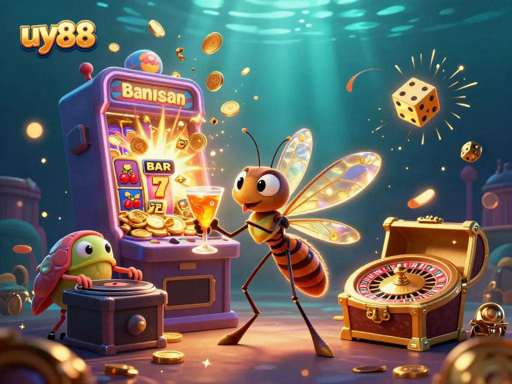 Experience the excitement of uy88 with vibrant casino elements and characters in a dynamic scene.