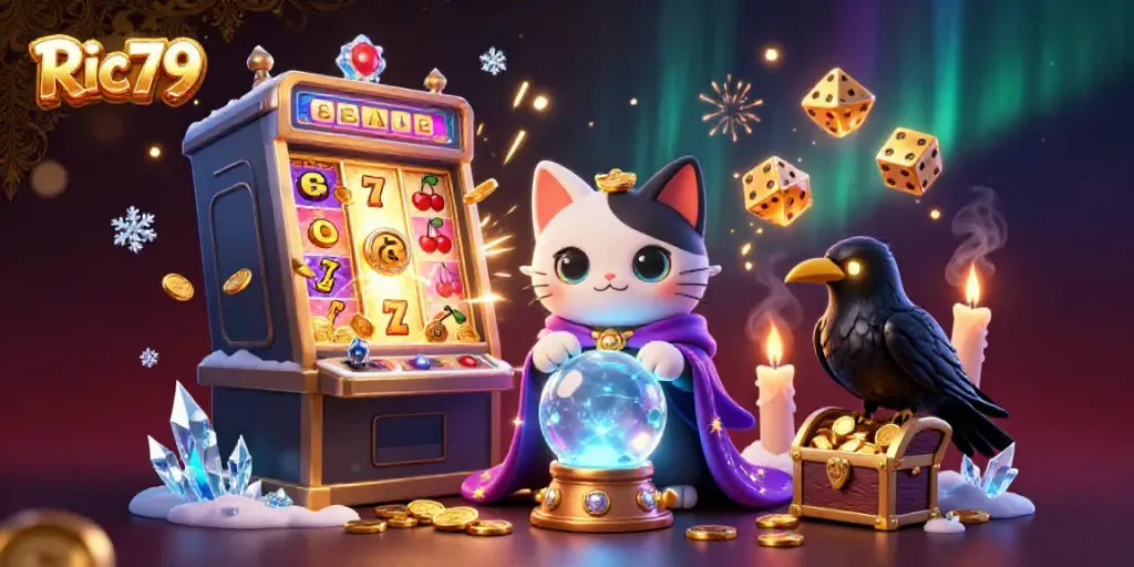 Experience Ric79’s vibrant casino atmosphere with a 3D fortune teller cat and radiant slot machine.