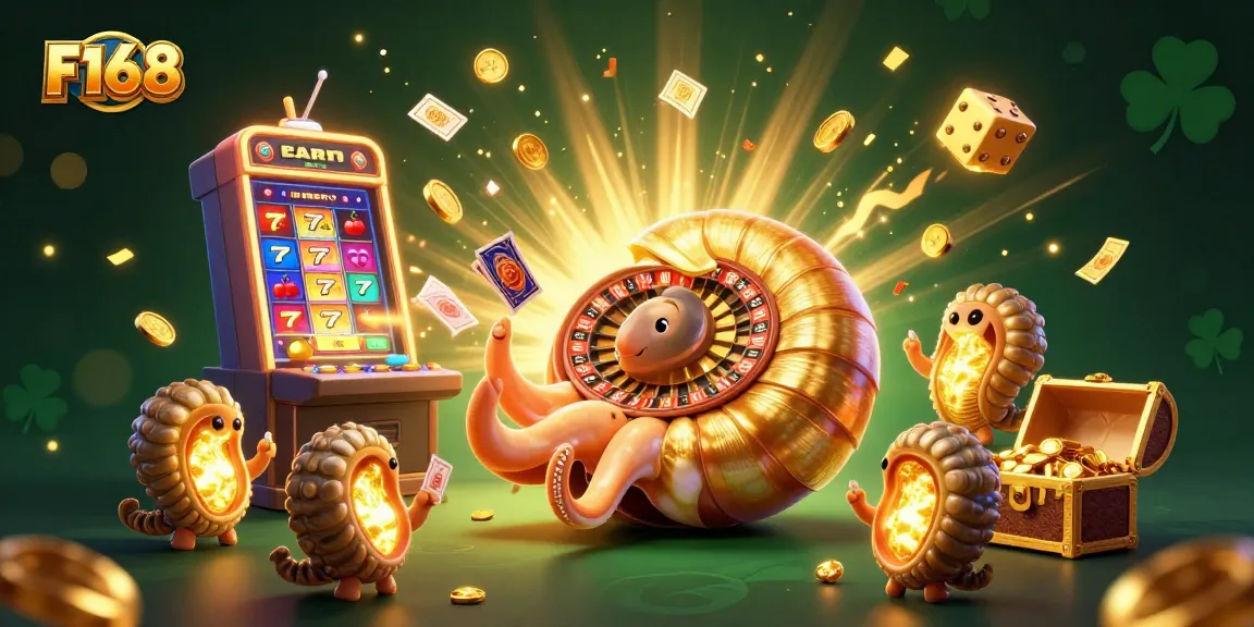 Experience the thrill of F168 with a vibrant casino scene featuring a giant nautilus and jackpot elements.