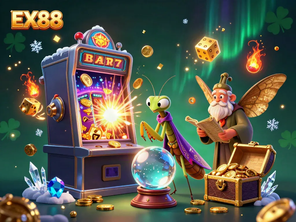 Experience the thrill of EX88 with a vibrant casino-themed 3D illustration featuring a fortune teller and a librarian.