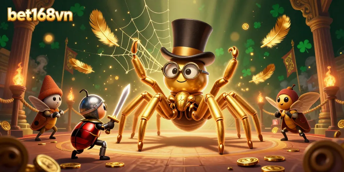 Engage with bet168vn showcasing a grand 3D casino scene featuring a tarantula and beetle knight amidst golden riches.