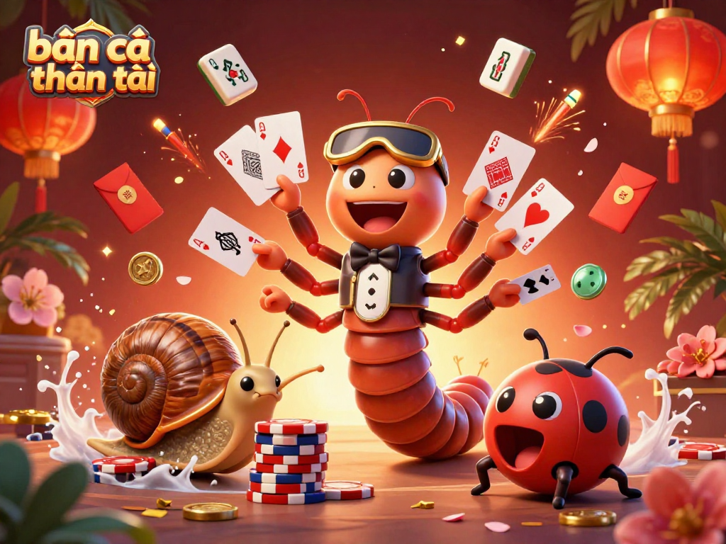Bắn cá thần tài in a vibrant casino scene featuring a millipede dealer, chip stack, and aquatic elements.