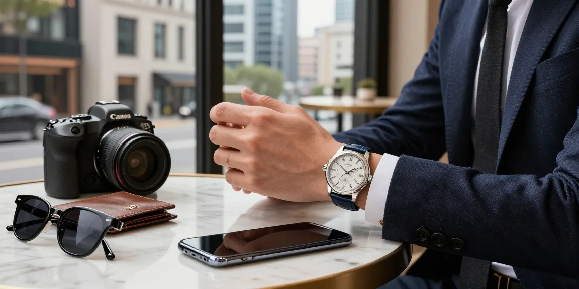 Stylish individual showcasing replica watches in an urban café, surrounded by luxury accessories.