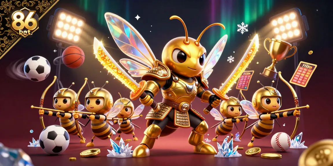 Engage in action-packed gameplay with 86bet, featuring a dynamic golden hornet and sports elements.