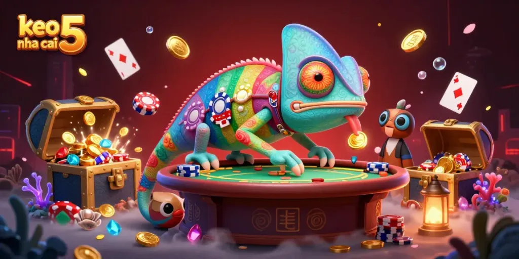 Engage with keo nha cai 5's vibrant gambling scene, featuring a colorful casino chameleon and exciting game elements.