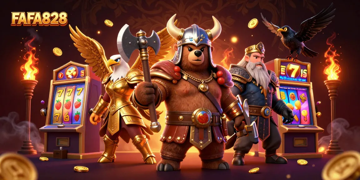 Play thrilling slot games with FAFA828’s Viking bear and Valkyrie eagle in a vibrant casino scene.
