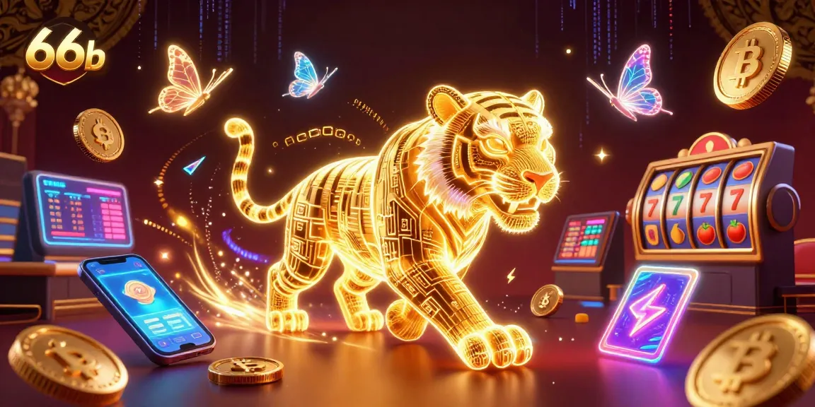 Experience the excitement of 66b with a vibrant casino scene featuring a neon tiger and crypto elements.