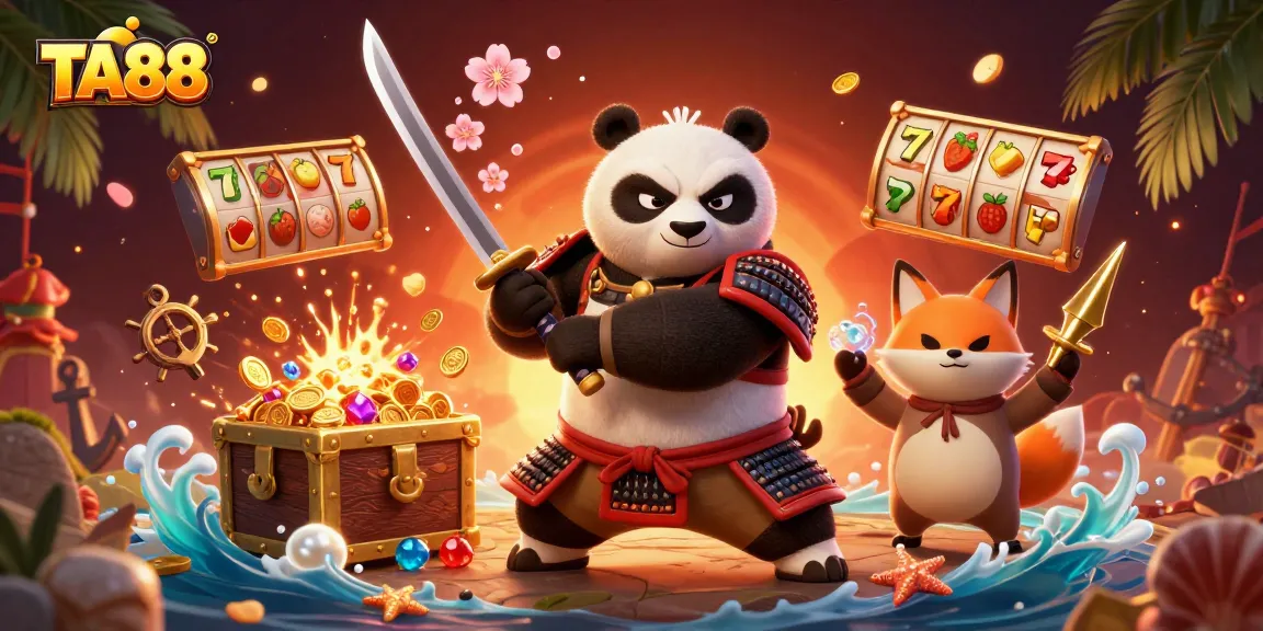 Engage with TA88 slots featuring samurai panda and ninja fox amidst vibrant casino themed elements.