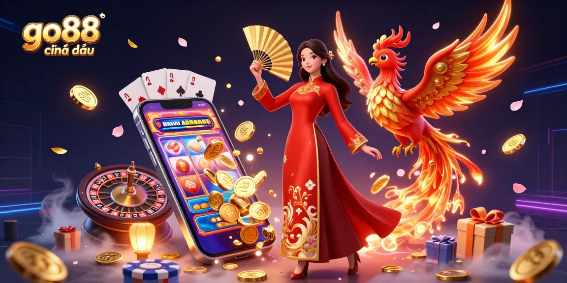 Play exciting games at go88 chính thức with vibrant 3D visuals featuring a beautiful woman, phoenix, and casino elements.