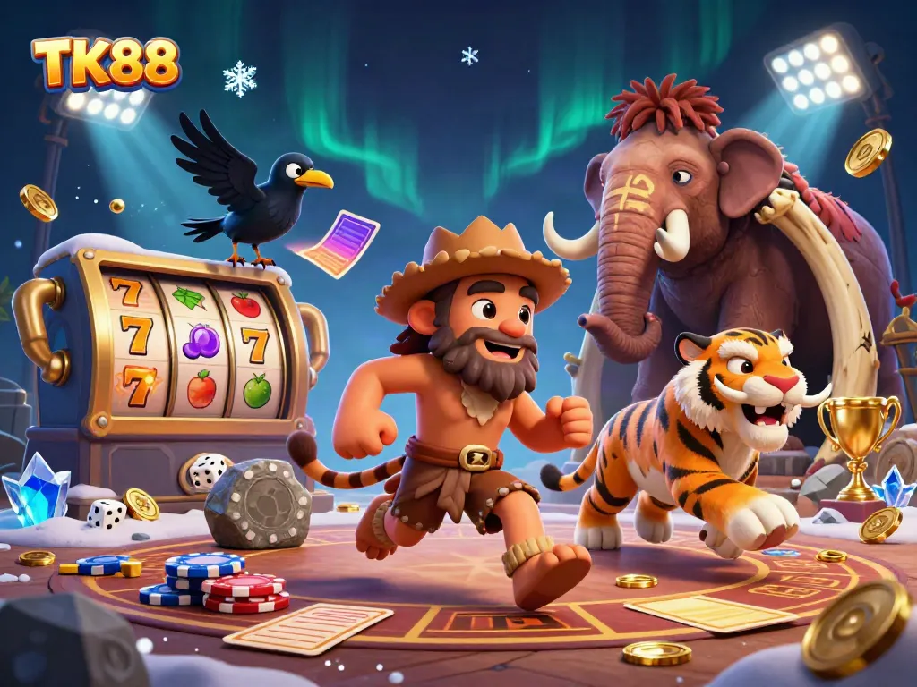 Experience thrilling games at TK88 with a caveman and saber-tooth duo in a vibrant casino setting.