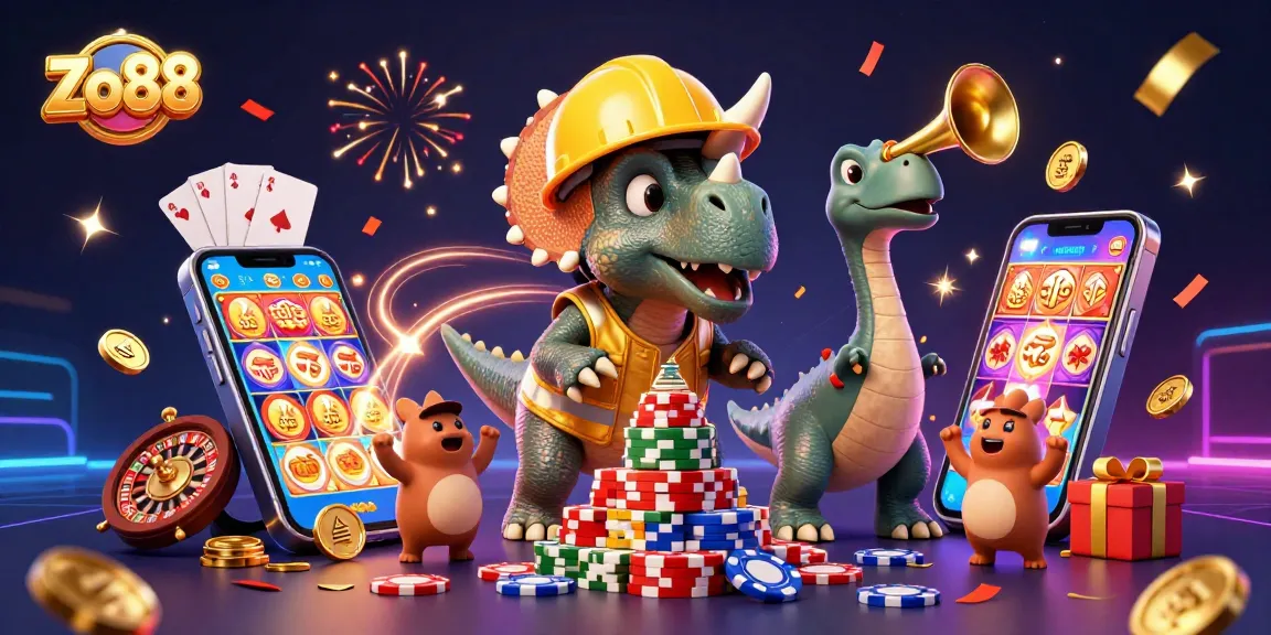 Experience the excitement of Zo88 with a vibrant 3D illustration of joyous gambling celebration elements.