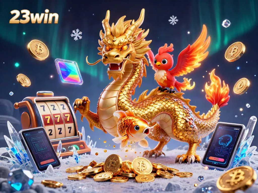 Engage with the thrilling world of 23win as a golden dragon soars alongside a vibrant phoenix amidst slots and crypto coins.